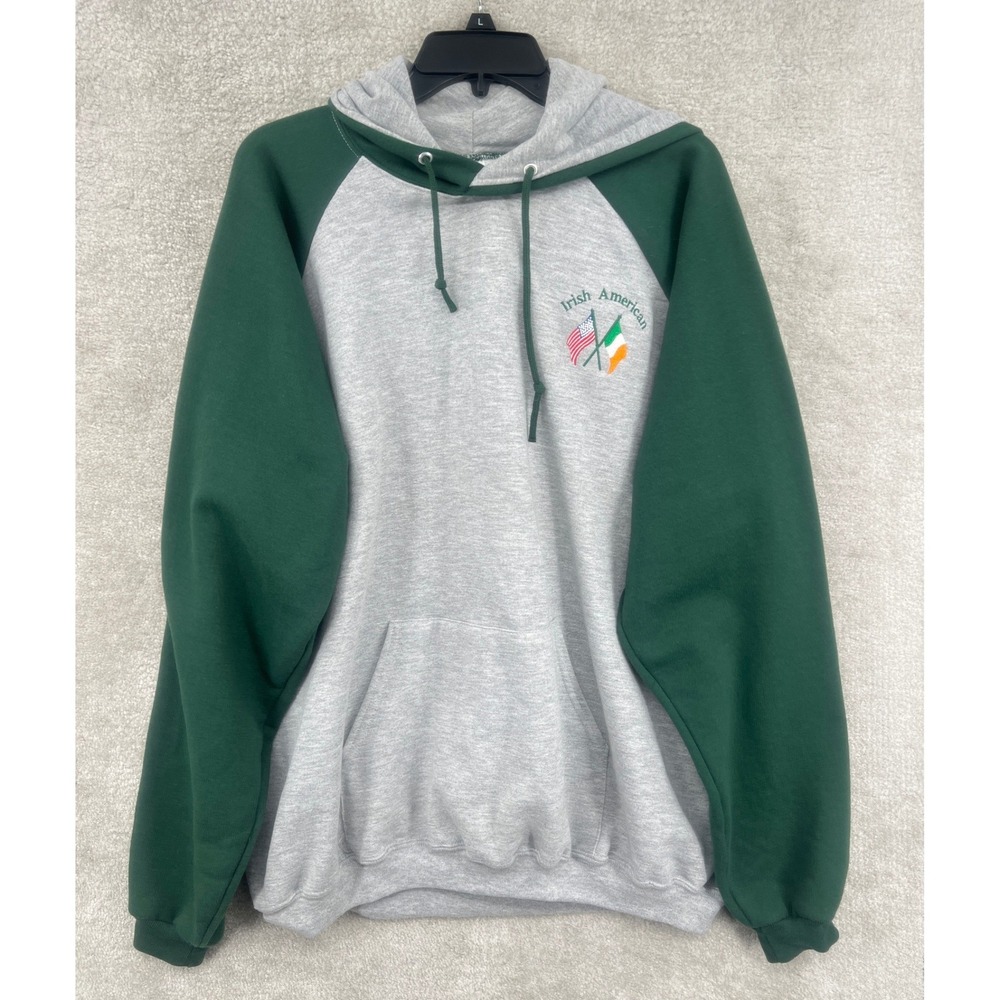 Vintage Jerzees NuBlend Irish American Hoodie Gray Green Raglan Pullover 2X